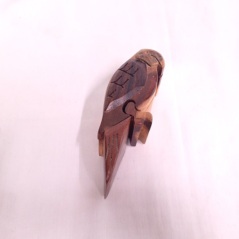 Hand Carved Bird Puzzle Trinket Box Brown Wooden Secret Box Tropical Art Boho
